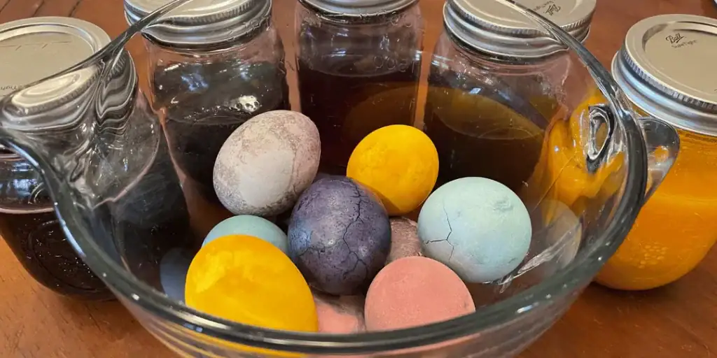 naturally dyed easter eggs with fruits and veggies