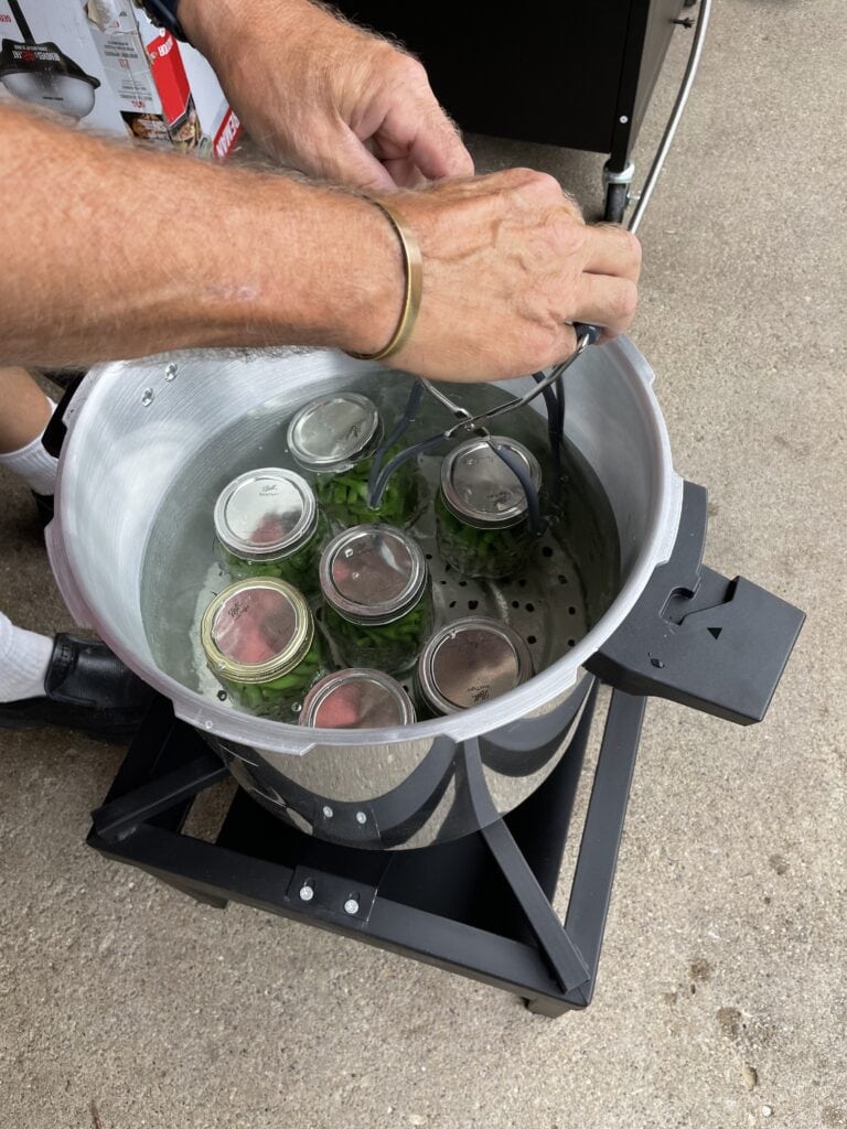 pressure canner, jar lifter, green beans