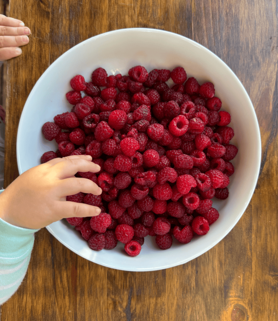 raspberries with baby hand