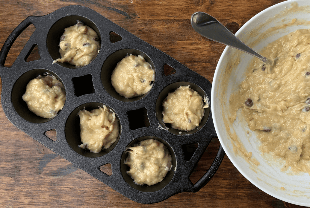 chocolate chip banana muffins, cast iron pan