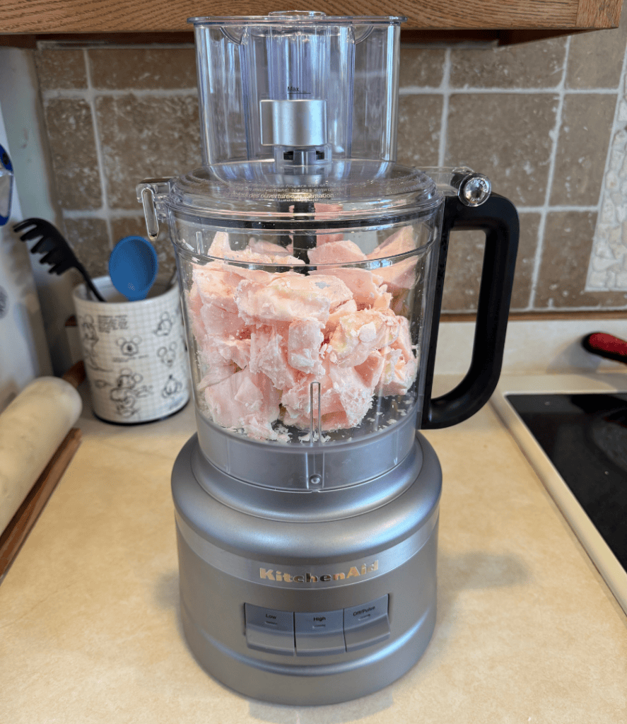 food processor used to cut suet into smaller pieces for rendering