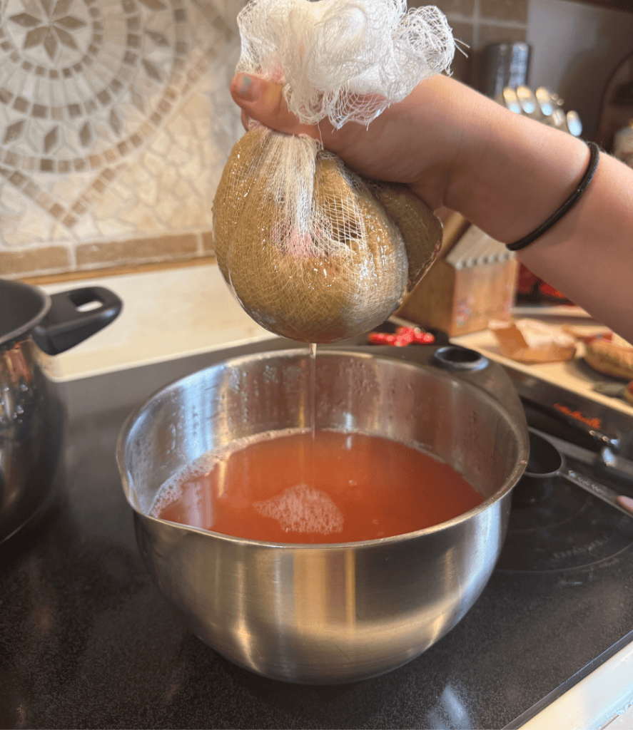 squeezing rhubarb juice for low sugar rhubarb jelly