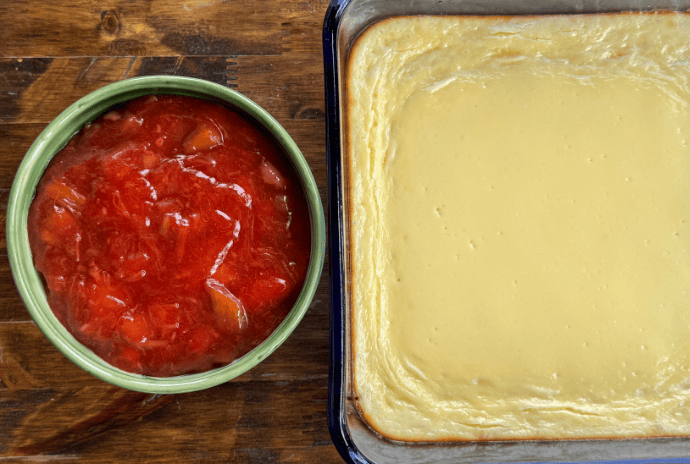 cheesecake and strawberry rhubarb jam topping