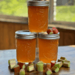Homemade Rhubarb Jelly made fresh with cut rhubarb pieces on a table
