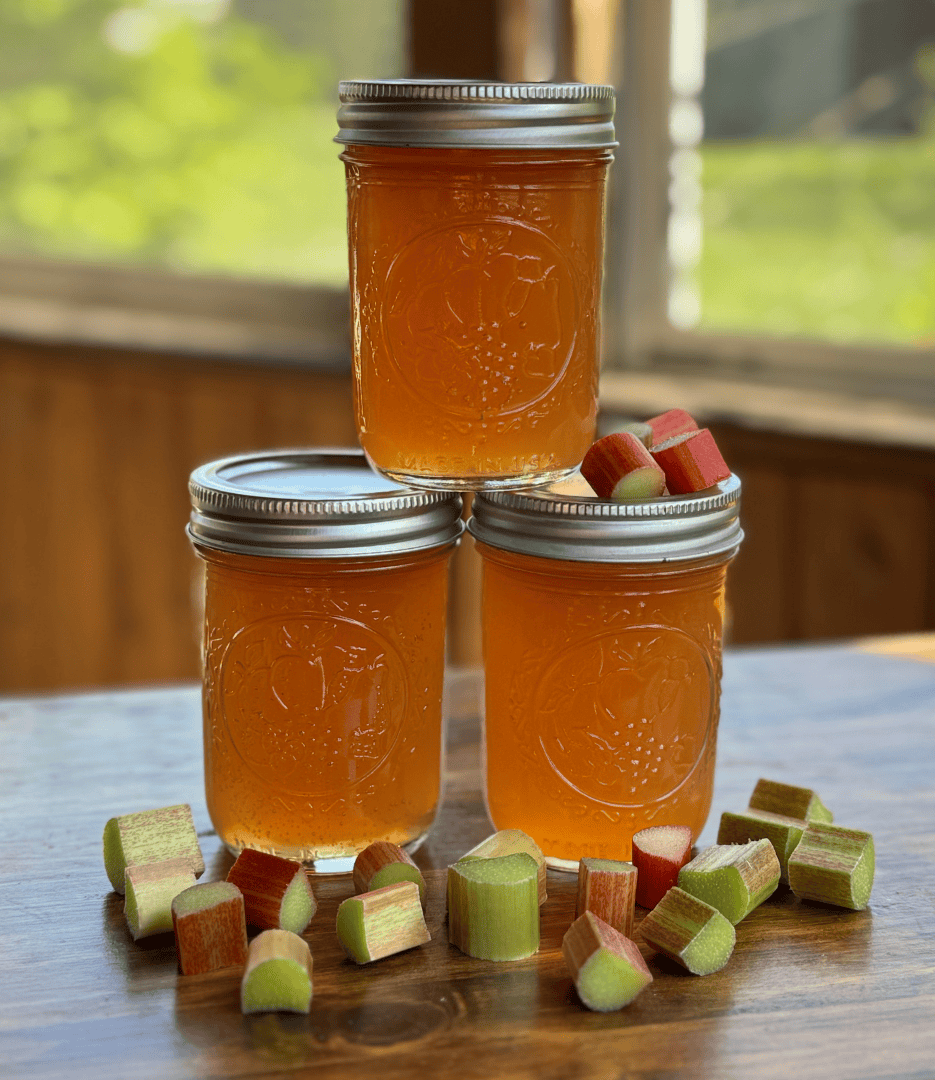 Homemade Rhubarb Jelly made fresh with cut rhubarb pieces on a table