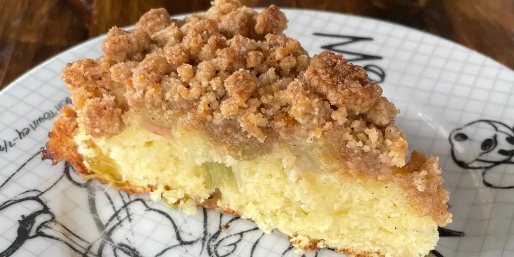 rhubarb coffee cake on a mickey mouse plate
