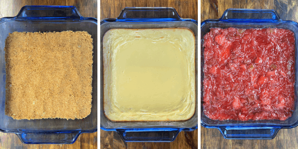 layers of graham cracker crust, cheesecake, strawberry rhubarb jam