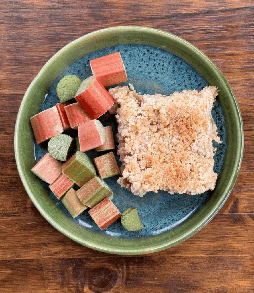 rhubarb crumble with rhubarb pieces on a plate