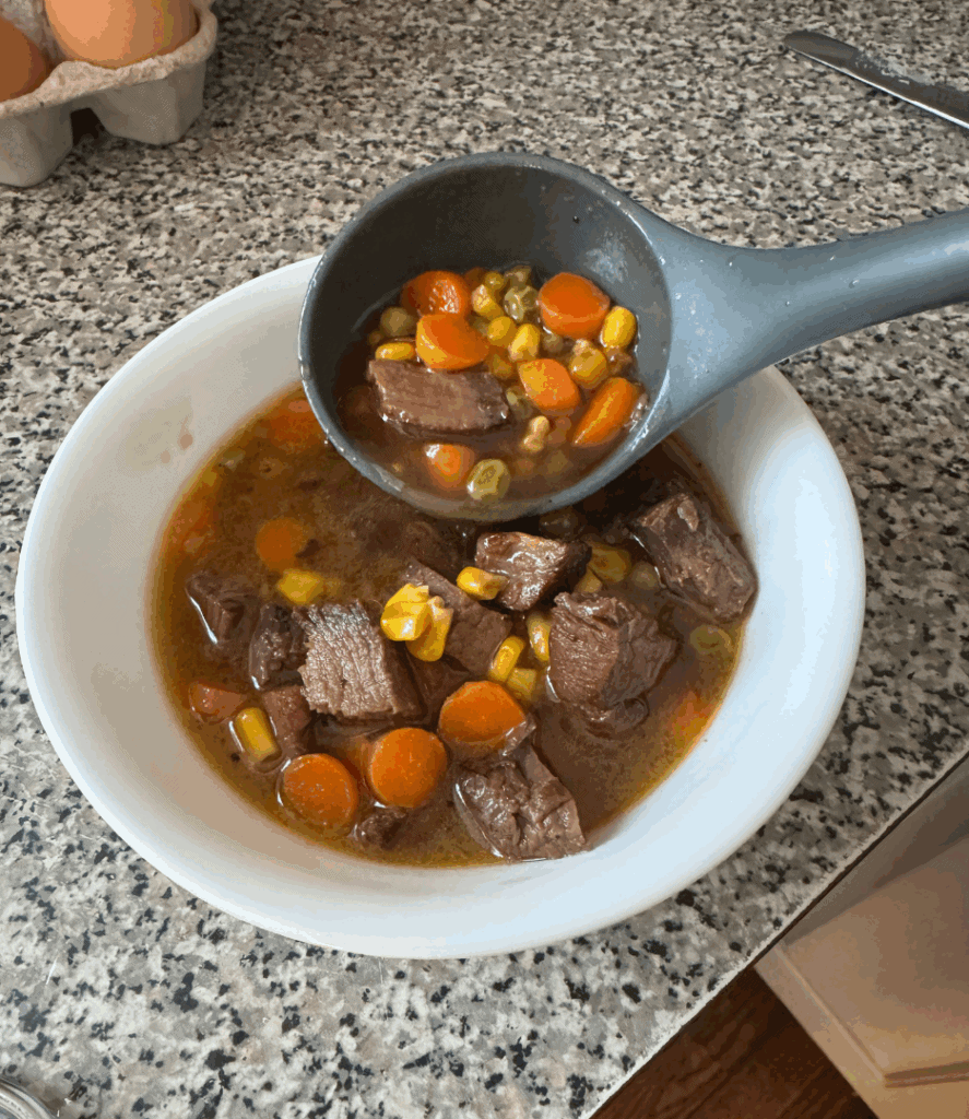 Bowl of beef bone broth soup with vegetables