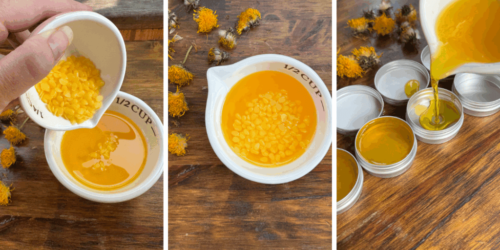 melted beeswax, dandelion infused oil, dandelion salve