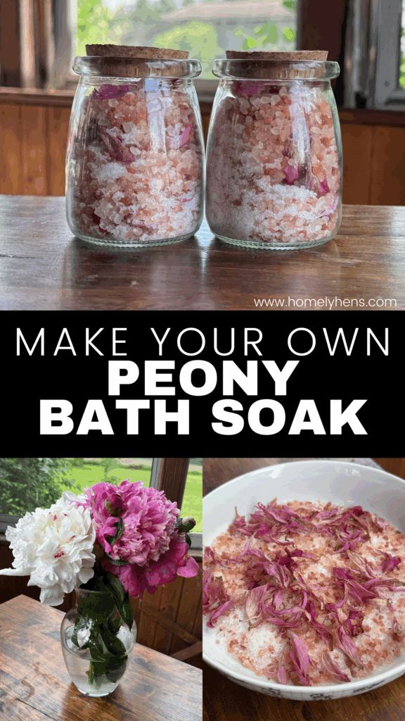 DIY peony bath soak collage with peony flowers, mixed ingredients, and finished jars—easy homemade herbal bath recipe