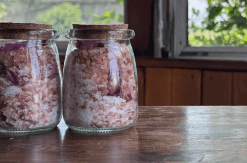 peony bath soak with salts in a jar with cork lid