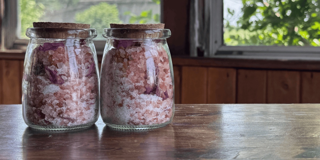 peony bath soak with salts in a jar with cork lid