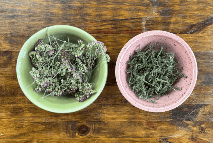 dried yarrow flowers and leaves in pink and green bowls