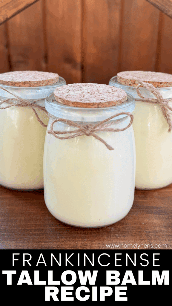 frankincense tallow balm in glass jars with cork tops