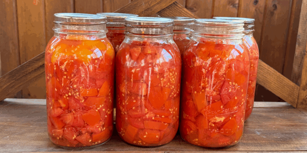 Glass jars filled with home-canned tomatoes sealed and cooling