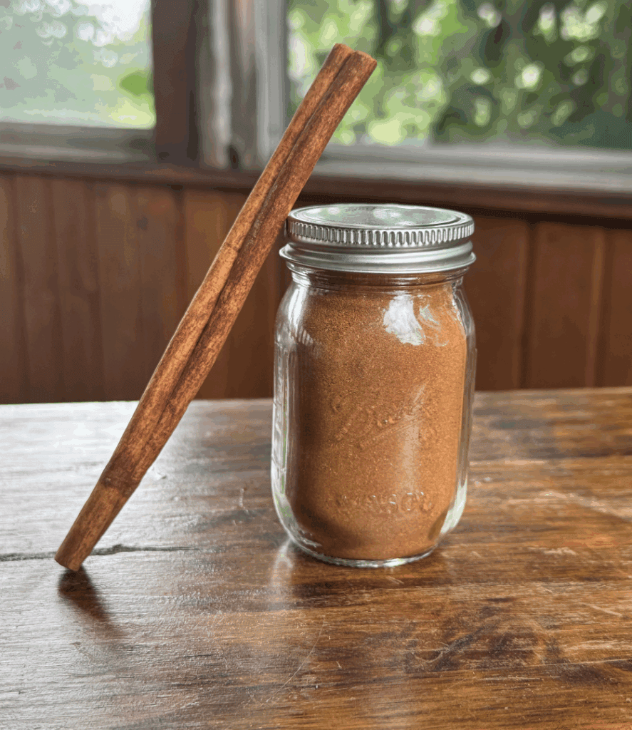 4 oz container of homemade apple pie spice with a cinnamon stick