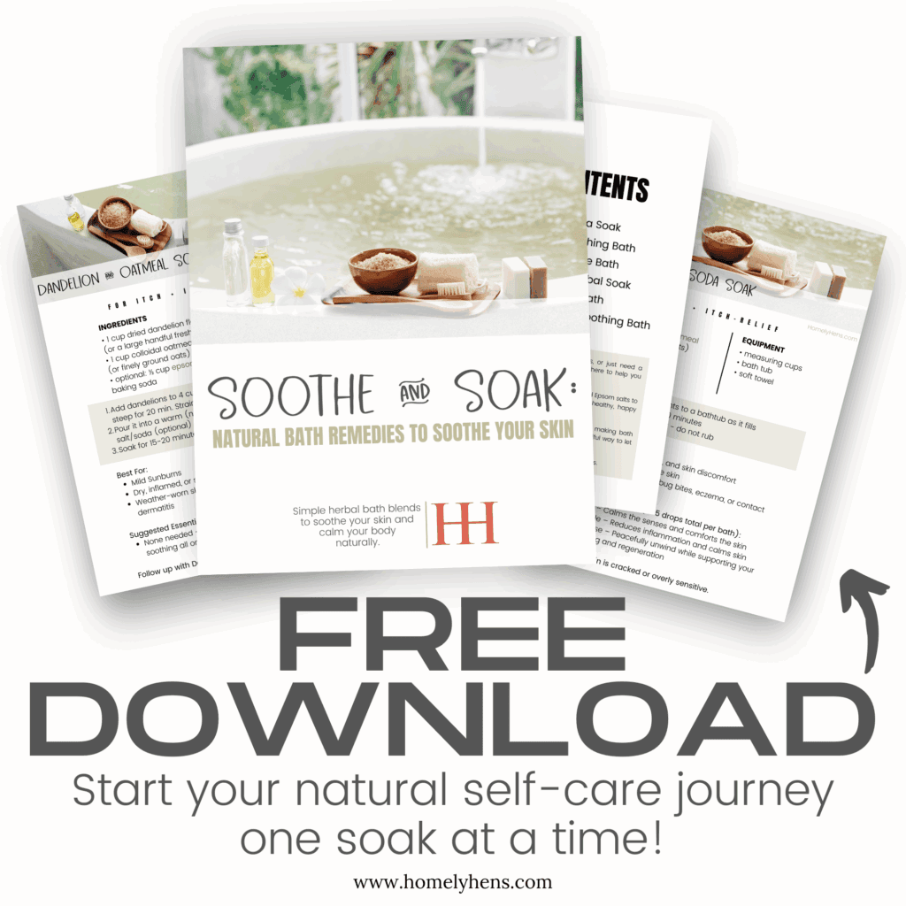 Preview of free printable herbal bath soak guide with five pages fanned out and bold text reading ‘Free Download – Start your natural self-care journey one soak at a time.