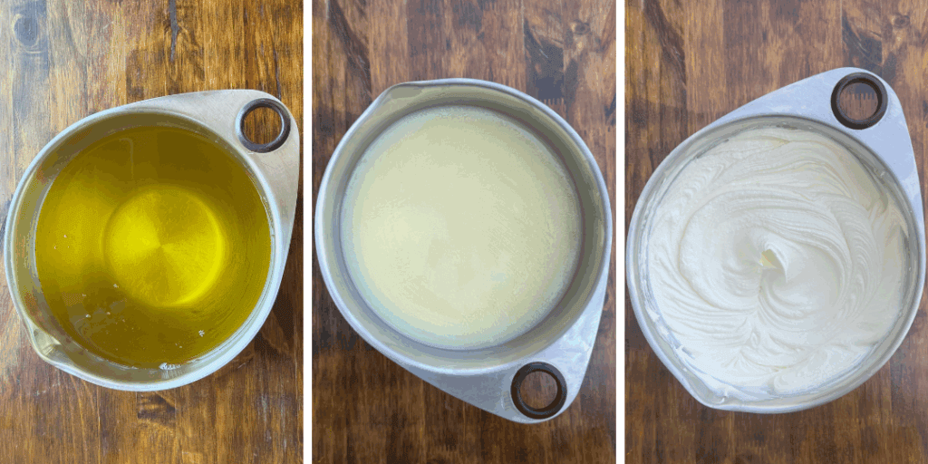 Three stages of making tallow balm: melted tallow and oil, stirred balm, and whipped balm in metal bowls