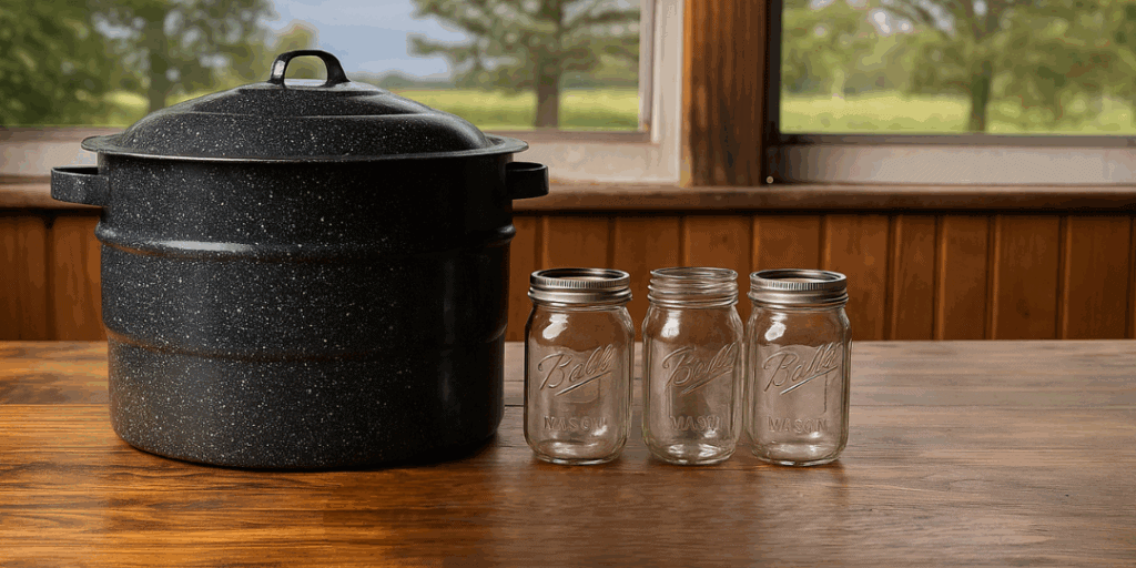 Water bath canner next to glass filled and ready for canning.