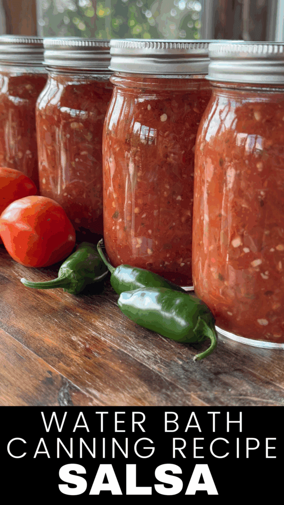 jalapeno salsa in pint sized jars with jalapenos and tomatoes on a table
