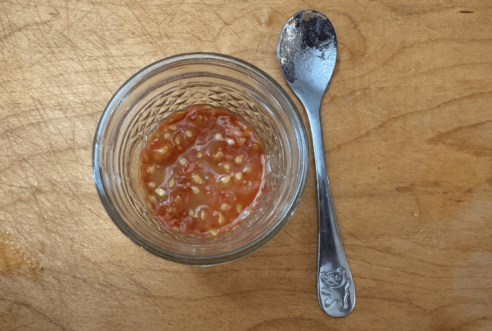 fermenting saved tomato seeds in a glass jar with a spoon next to it