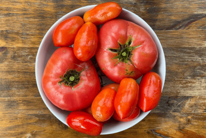 bowl of red heirloom tomatoes