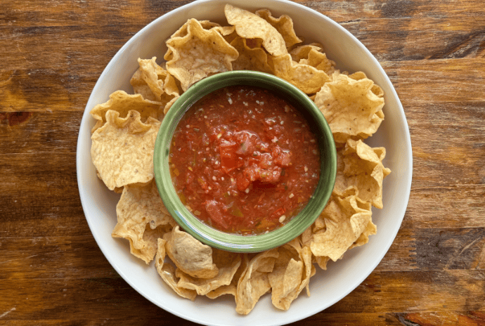 freshly canned salsa with chips in a bowl