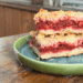homemade thimbleberry crumble cut into bars on a plate
