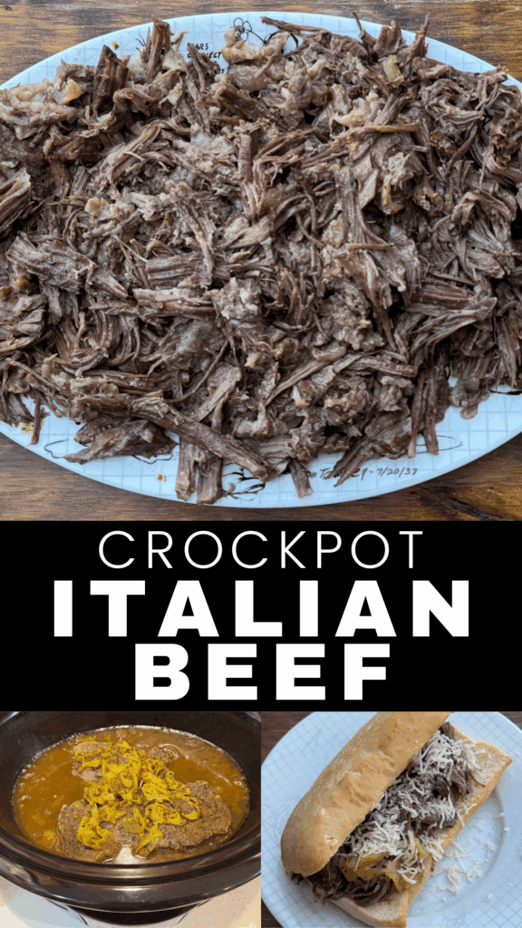 crockpot italian beef sandwich with cheese, shredded beef on a platter