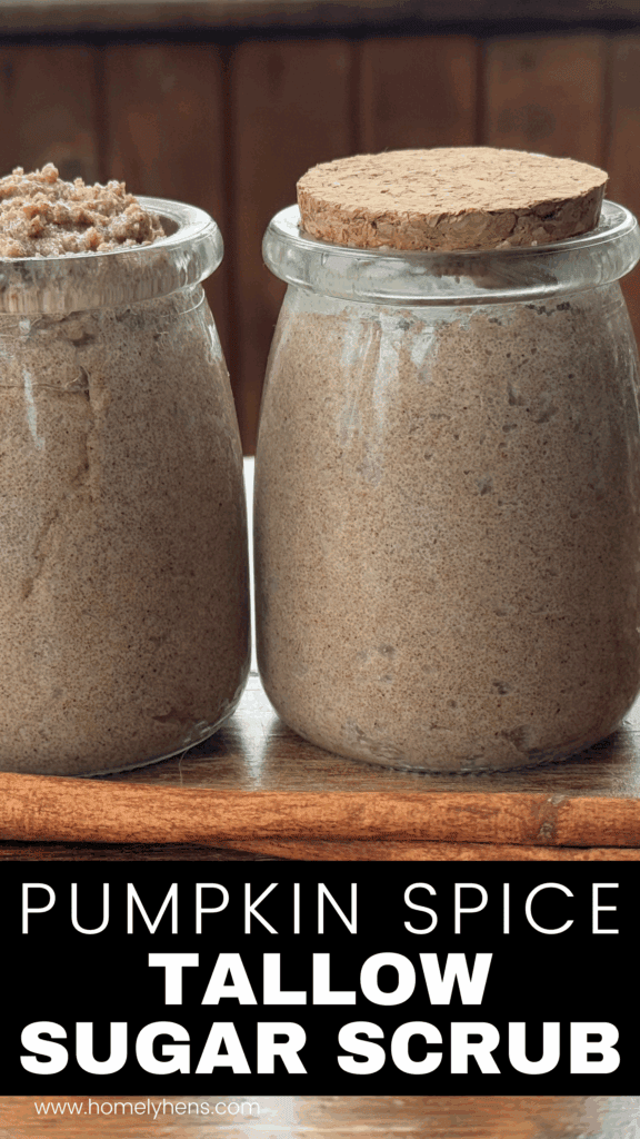 pumpkin spice sugar scrub with tallow in 7 oz jars with a cinnamon stick in front of them
