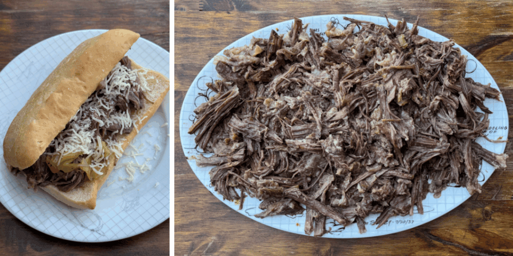 Italian beef sandwich with cheese, plate of shredded italian beef