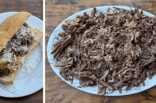 Italian beef sandwich with cheese, plate of shredded italian beef