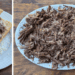 Italian beef sandwich with cheese, plate of shredded italian beef
