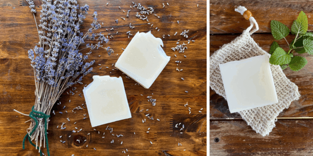 tallow soaps, lavender sprigs next to lavender tallow soap, peppermint leaves next to peppermint tallow soap on a soap saver bag