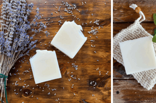 tallow soaps, lavender sprigs next to lavender tallow soap, peppermint leaves next to peppermint tallow soap on a soap saver bag