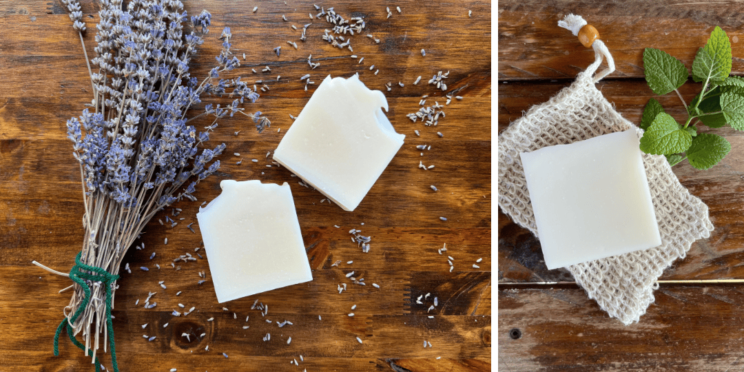 tallow soaps, lavender sprigs next to lavender tallow soap, peppermint leaves next to peppermint tallow soap on a soap saver bag