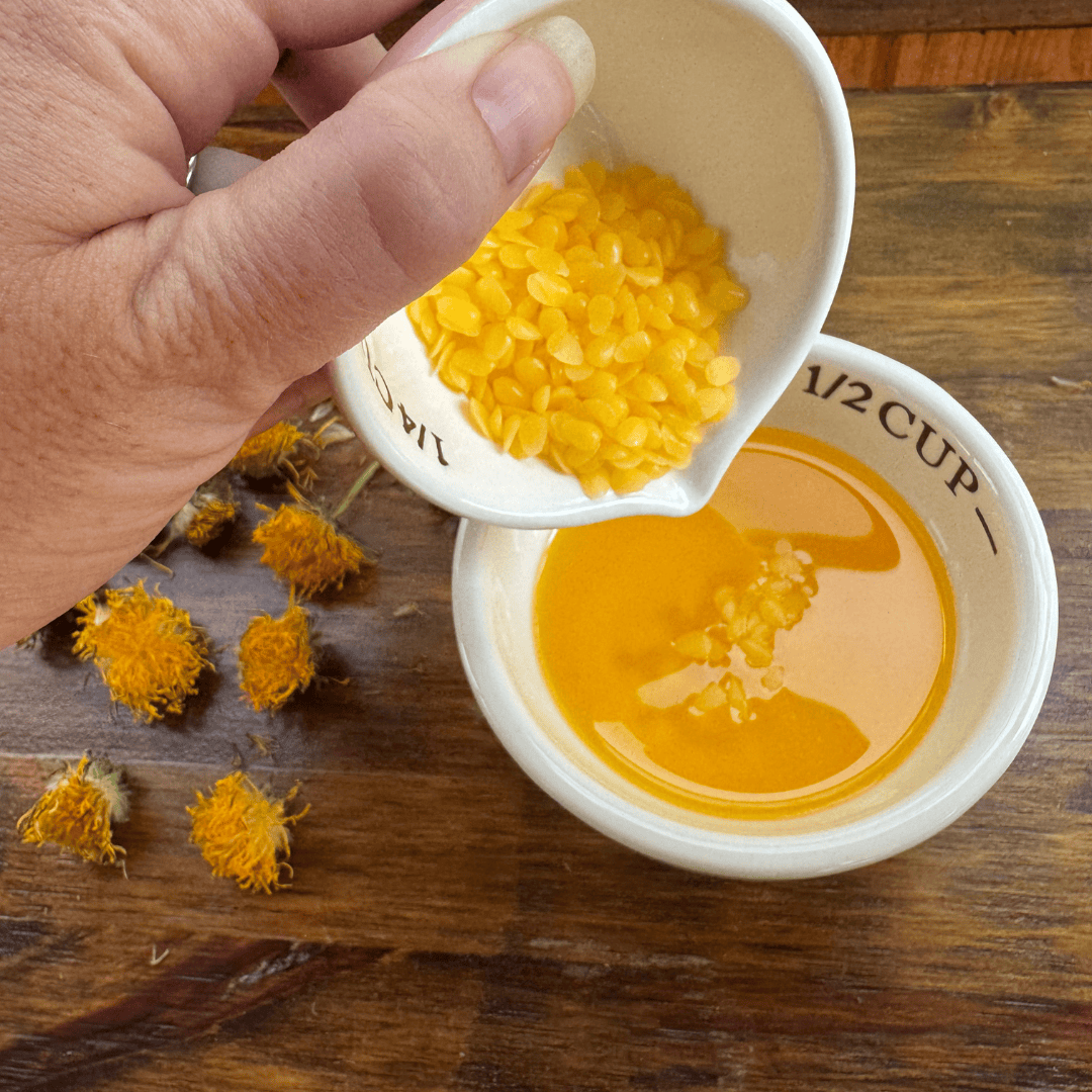 beeswax pastilles mixed with dandelion infused oil