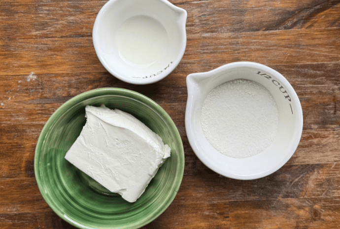 ingredients for cream cheese filling, milk, cream cheese, sugar