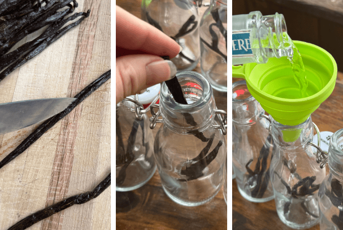 how to make vanilla extract, cutting beans, adding vodka to bottles