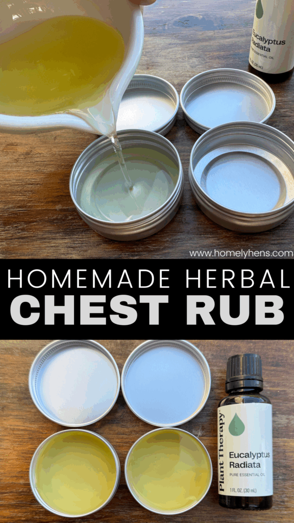 homemade herbal chest rub recipe with eucalyptus essential oil in tin containers