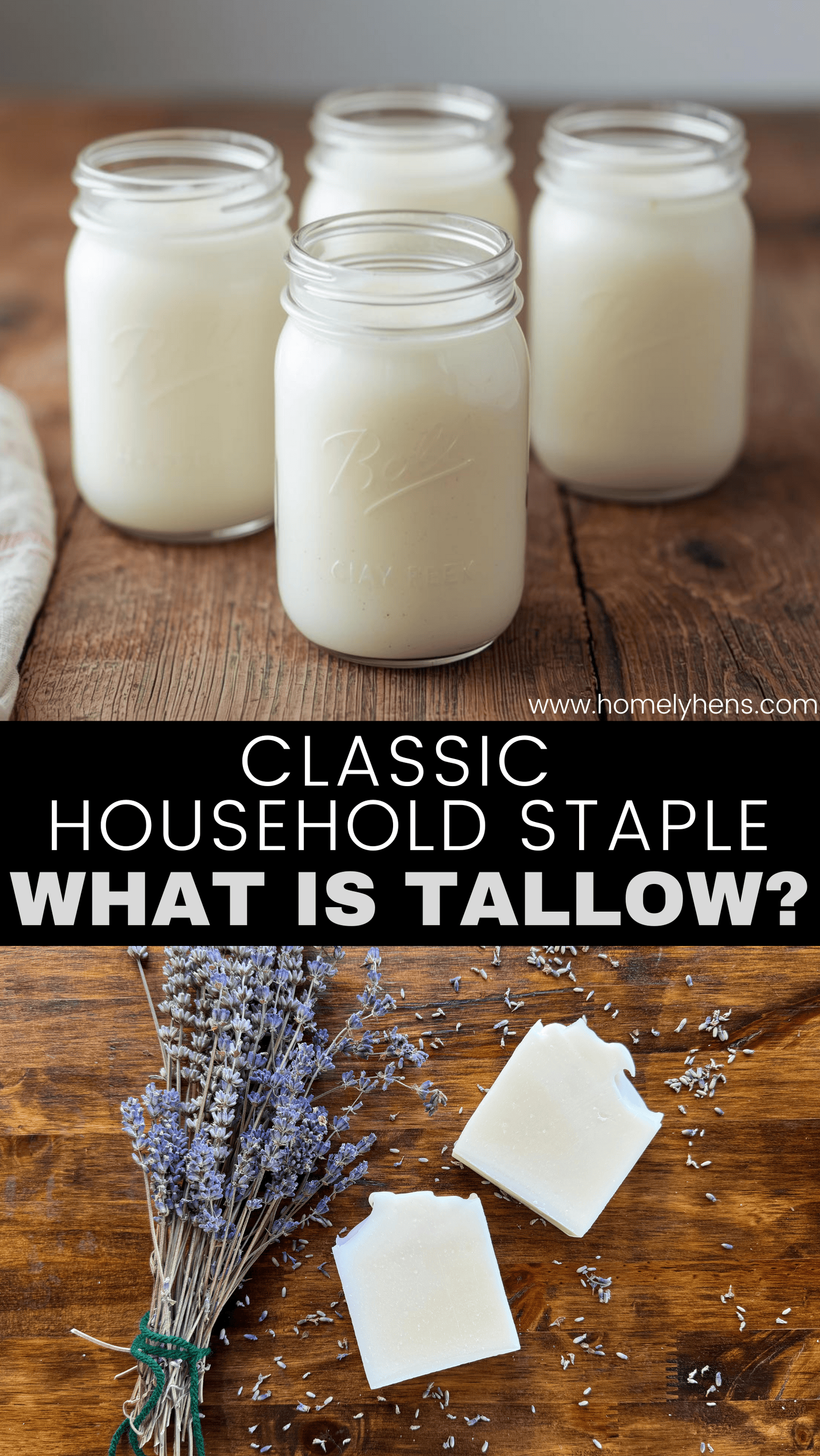 tallow for cooking in mason jars, natural tallow soap with lavender sprigs