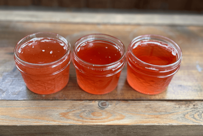 freshly infused st john's wort oil in 4 oz jars