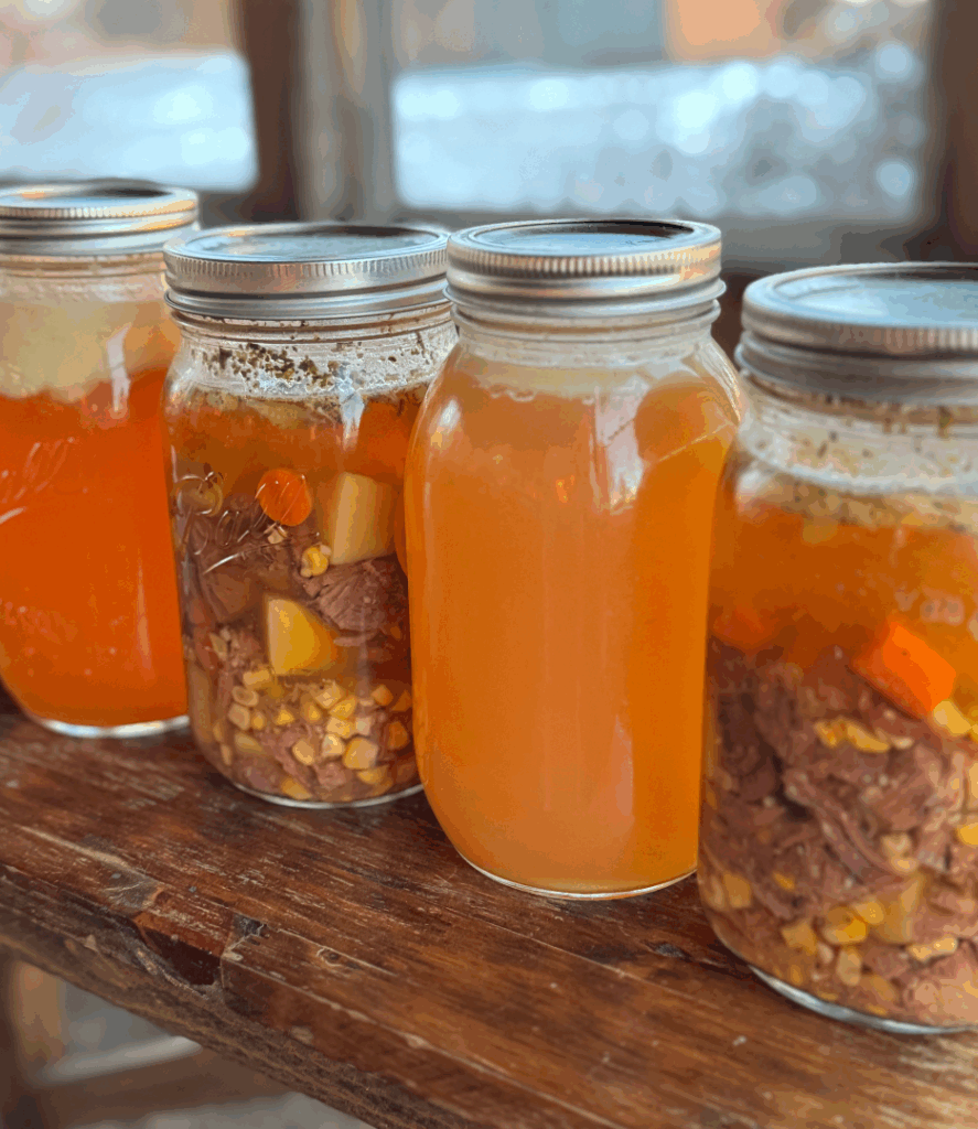 pressure canned beef bone broth and beef stew from soup bones