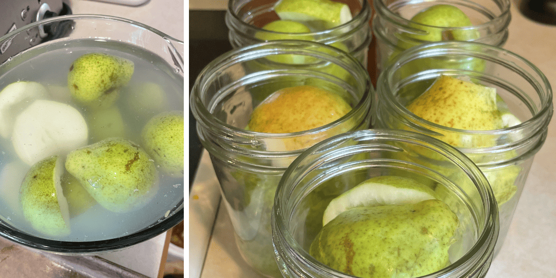 canning pears, pears in lemon water, pear halves in jars