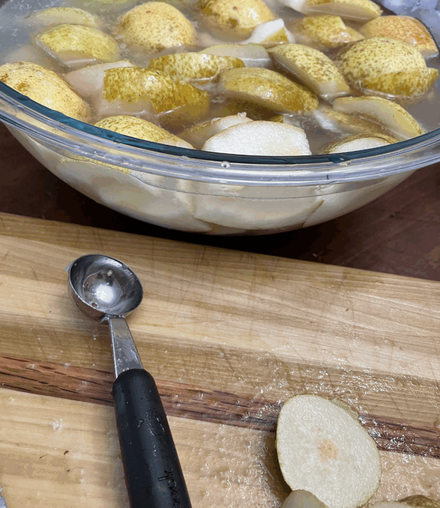 coring pears for canning, pears in lemon water